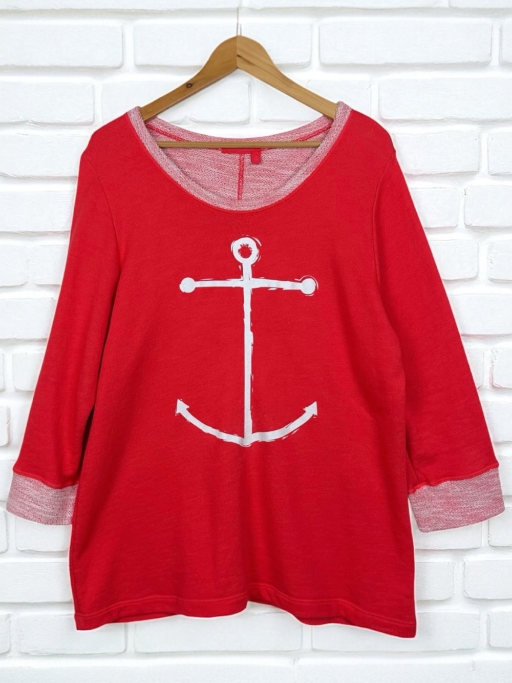 Fresh Produce RARE Anchor Boat Neck Quarter Sleeve French Terry Sweatshirt Red M